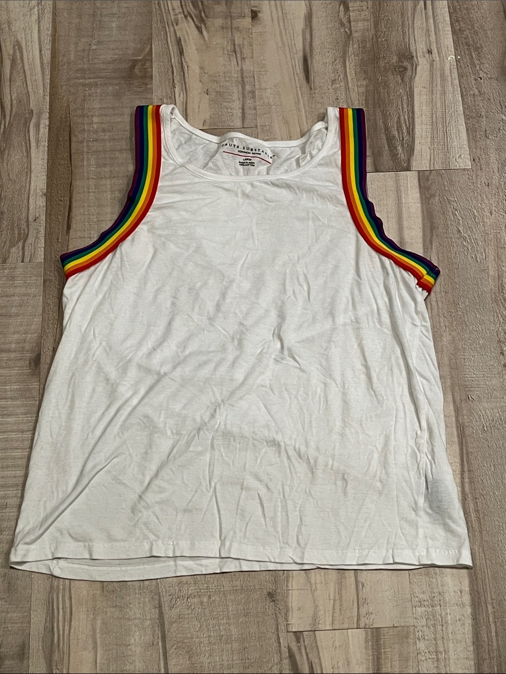 Truth Substance Common Sense White Tank Top with Rainbow Trim size Large